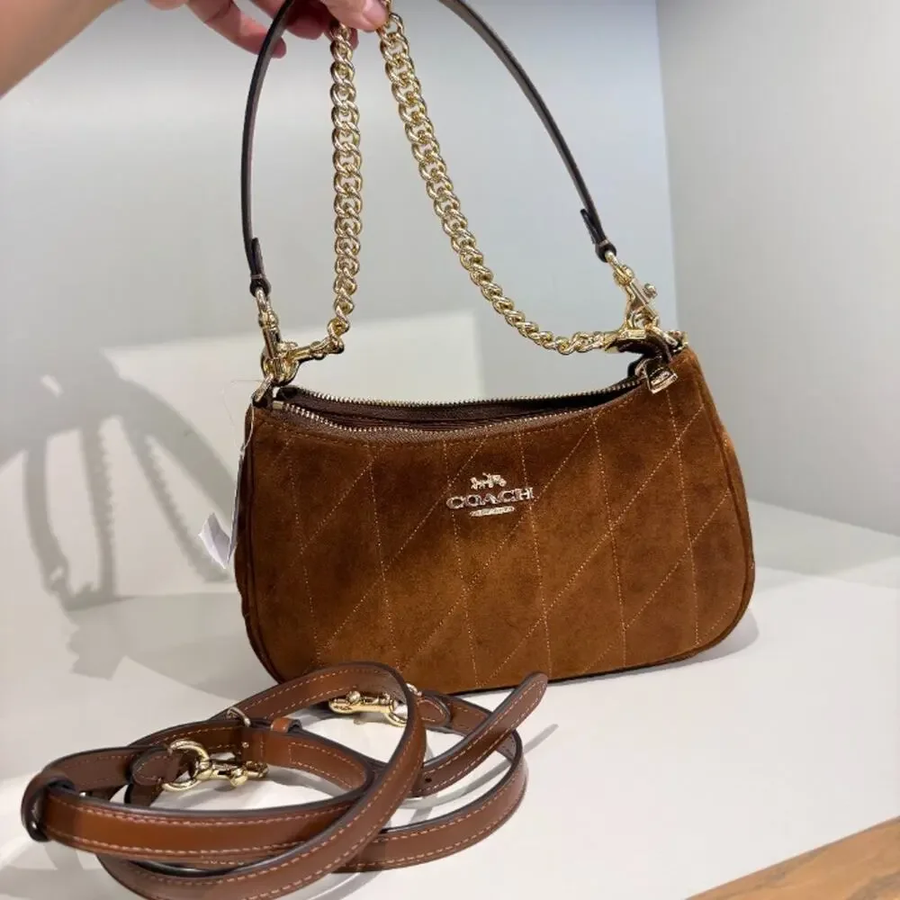 NEW‼️Coach Teri Shoulder Bag With Quilting CET35 suede/Gold/Warm Brown